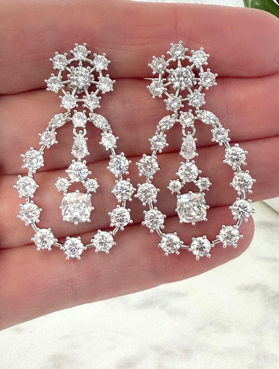 Queen Elizabeth Orbital Pendant Earrings, Zircon Studs with Center Dangle Pendant, Sterling Silver Posts, #1806