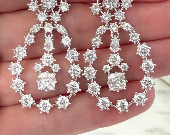 NEW Queen Elizabeth Inspired Orbital Zircon Earrings, Sterling Silver Posts, Round Orbital Dangle Pendant Earrings, #1806
