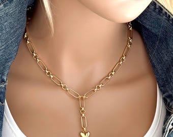 Gold Chunky Chain Heart Necklace, Large Link Paperclip & Rolo Gold Chain, Y Necklace, Lariat heart Dangle, Chunky Trend, #1753