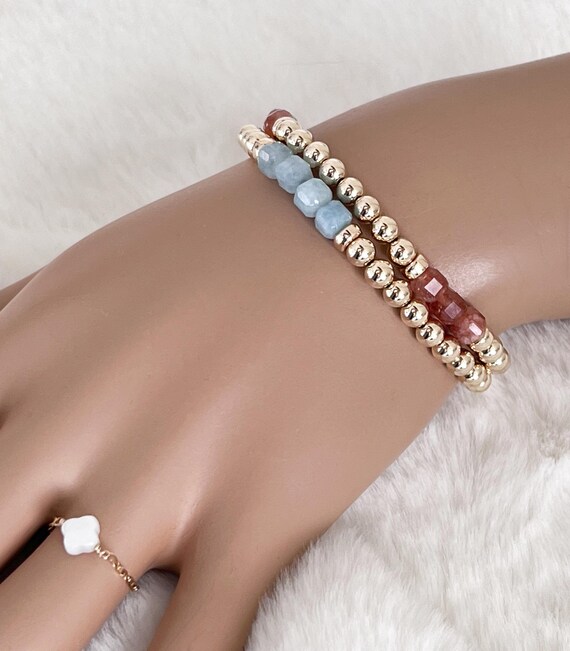 14k Gold Beaded Bracelet with Aquamarine Gemstone Cube Beads, March Birthstone Friendship Bracelet, Stacking Stretch Bracelets, #1763