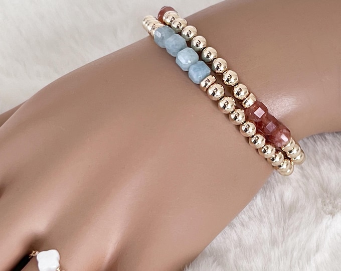 14k Gold Beaded Bracelet with Aquamarine Gemstone Cube Beads, March Birthstone Friendship Bracelet, Stacking Stretch Bracelets, #1763