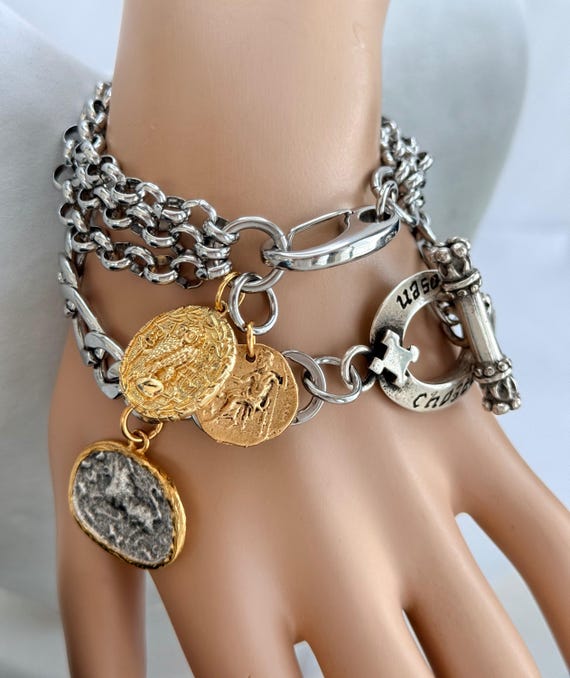 Stainless Steel Chunky Bracelet Set, Roman & Owl Coins, Mixed Metal Design, Toggle and Clip Closures, #2033/#2039