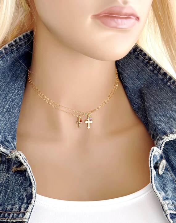 Mommy & Me Coptic Cross Necklace Set, 14k Gold Filled Crosses and Birthstones, Matching Inspirational Jewelry, #1936