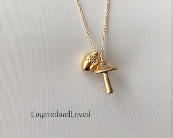 Kate Inspired Gold Acorn Necklace, 14k Gold Filled Chain, Acorn & Mushroom Layering Necklace, Royal Family Jewelry, #927