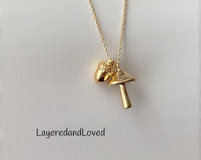 Kate Inspired Gold Acorn Necklace, 14k Gold Filled Chain, Acorn & Mushroom Layering Necklace, Royal Family Jewelry, #927