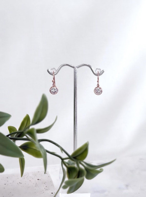 Rose Gold Filled Zircon Earrings: Sparkling Dangle Bezels, Minimalist Princess Sparkles #1852