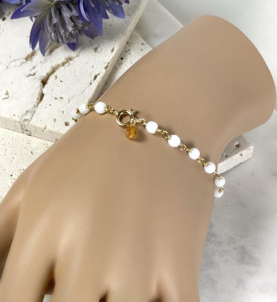 Tourmaline Dangle Bracelet: White Jade Rosary Chain, October Birthstone, #1855