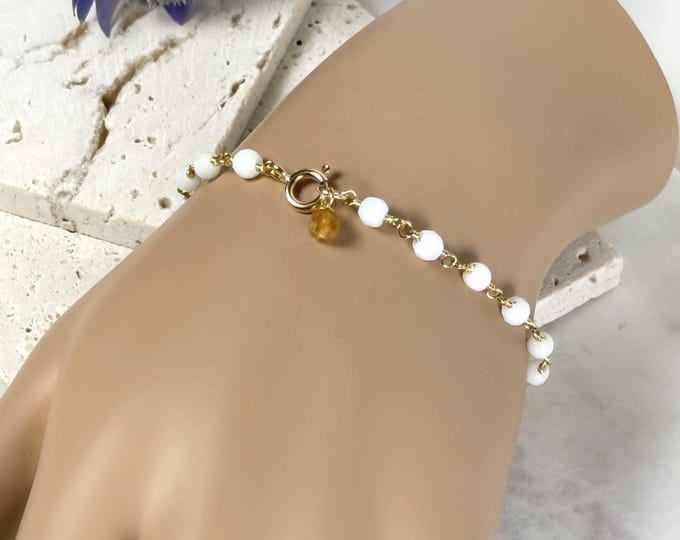 Tourmaline Gemstone Dangle White Jade Rosary Bracelet, Dainty Minimal Rosary Chain, October Birthstone, Layering Friendship Bracelet #1855