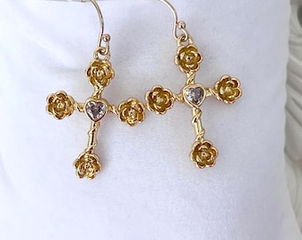 14k Gold Filled Zircon Cross Earrings, Elegant Rose Cross, Zircon Heart Bezel Center, Fancy & Light Weight Dainty Earrings, Religious #1757