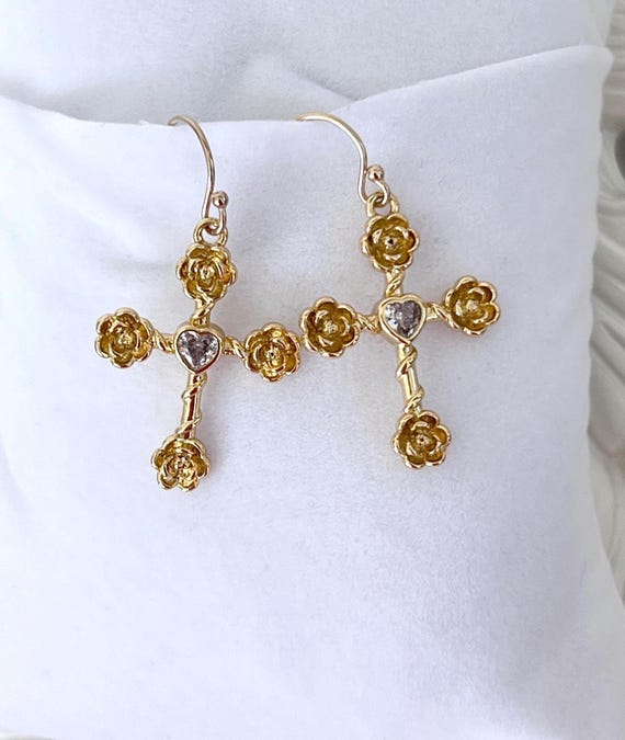 14k Gold Filled Zircon Cross Earrings, Elegant Rose Cross, Zircon Heart Bezel Center, Fancy & Light Weight Dainty Earrings, Religious #1757