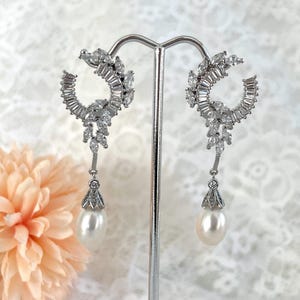 Zircon Coronation Water Drop AA Pearl Earrings, Kate Middleton & Lady Diana Inspired Earrings, Freshwater White Pearls, Regal Pearls #1649