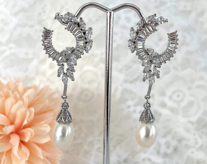 Zircon Coronation Water Drop AA Pearl Earrings, Kate Middleton & Lady Diana Inspired Earrings, Freshwater White Pearls, Regal Pearls #1649