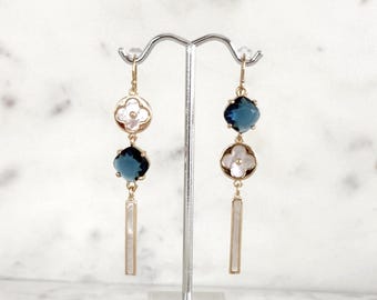 Denim Blue 14k Asymmetrical Clover Shell Earrings, Long Gold Filled MOP Stick Shell Dangles, Beach Blue Boho Wedding Earrings, #1723