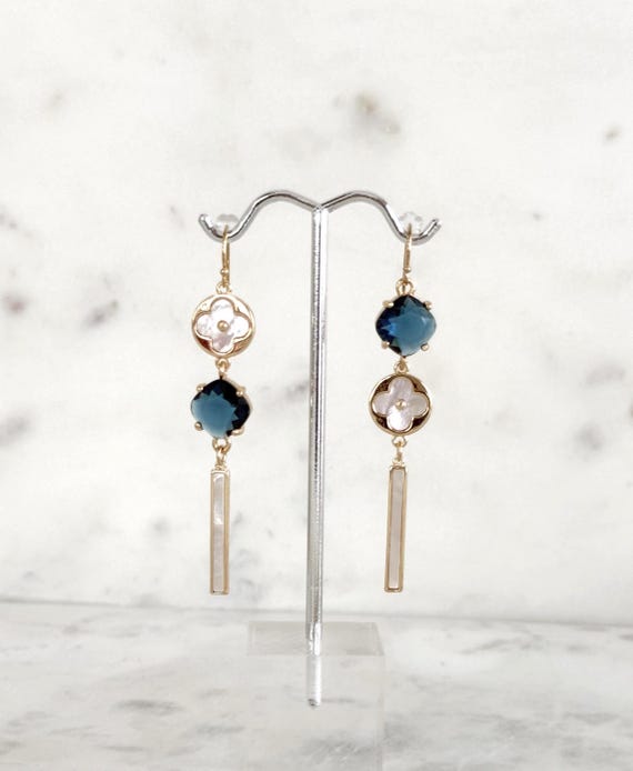Asymmetrical Clover Earrings: Denim Blue MOP, 14k Gold Filled Dangles