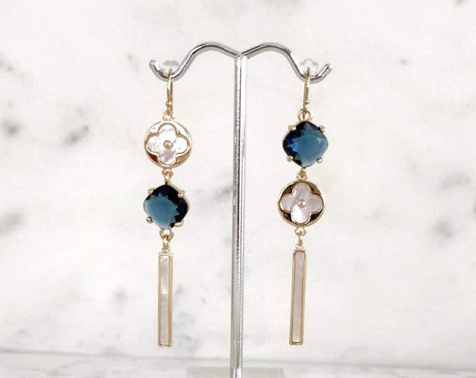 Denim Blue 14k Asymmetrical Clover Shell Earrings, Long Gold Filled MOP Stick Shell Dangles, Beach Blue Boho Wedding Earrings, #1723