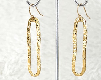 Hammered Gold Long Oval Earrings, 14k Gold Filled, Textured Gold Long Loops, Shiny Statement Earrings, Gift Ready Boho Earrings, #1748