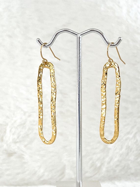 Hammered Gold Long Oval Earrings, 14k Gold Filled, Textured Gold Long Loops, Shiny Statement Earrings, Gift Ready Boho Earrings, #1748