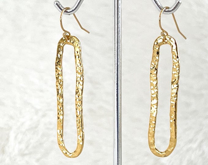 Hammered Gold Long Oval Earrings, 14k Gold Filled, Textured Gold Long Loops, Shiny Statement Earrings, Gift Ready Boho Earrings, #1748