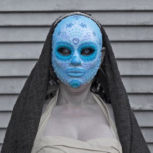 Light Blue Hand Painted Day Of The Dead / Halloween Art Mask image 2