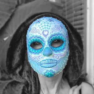 Light Blue Hand Painted Day Of The Dead / Halloween Art Mask image 1