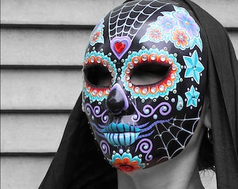 Black Floral Hand Painted Day Of The Dead / Halloween / Mardi Gras Mask