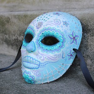 Light Blue Hand Painted Day Of The Dead / Halloween Art Mask image 4