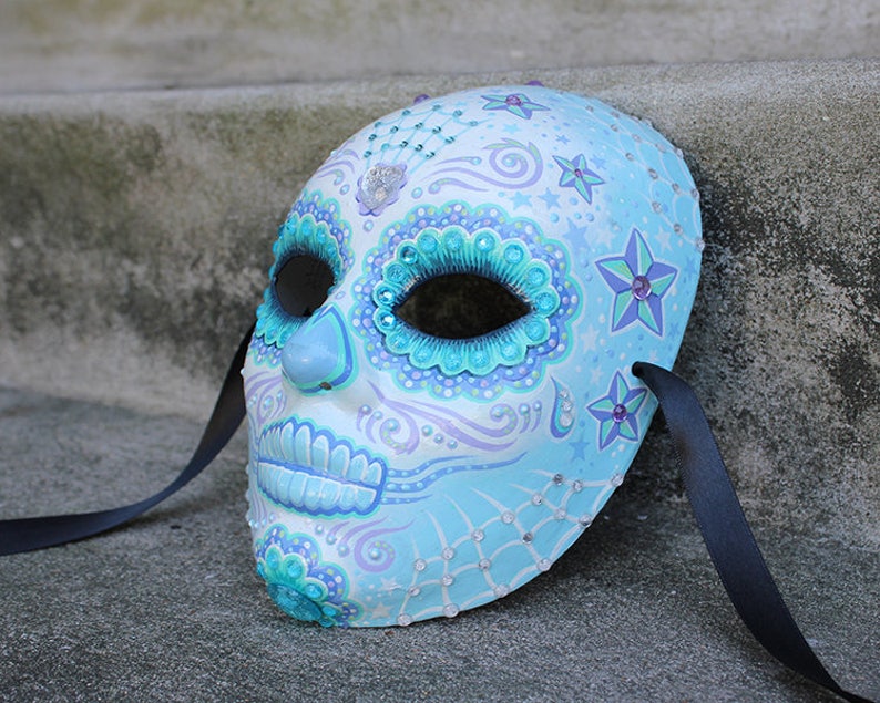 Light Blue Hand Painted Day Of The Dead / Halloween Art Mask image 4