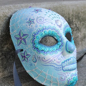 Light Blue Hand Painted Day Of The Dead / Halloween Art Mask image 3