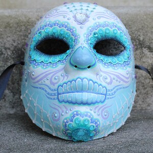 Light Blue Hand Painted Day Of The Dead / Halloween Art Mask image 6