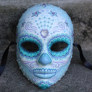 Light Blue Hand Painted Day Of The Dead / Halloween Art Mask image 5