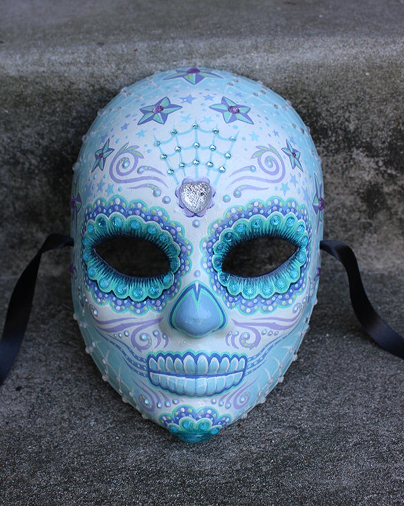 Light Blue Hand Painted Day Of The Dead / Halloween Art Mask image 5