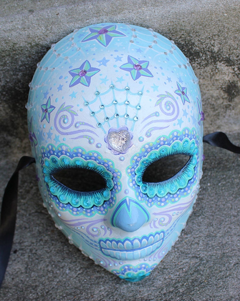 Light Blue Hand Painted Day Of The Dead / Halloween Art Mask image 7