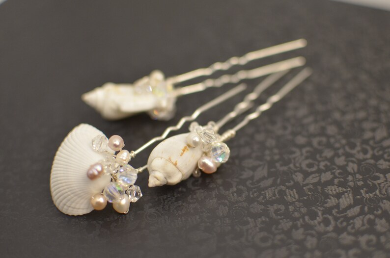 BoutiquebyBrendaLee A Set of 3 Seashells Hair U Pins Jeweled Pin bridal hair clips accessories beach wedding ocean themed mermaid sea shell image 5