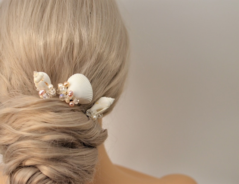 BoutiquebyBrendaLee A Set of 3 Seashells Hair U Pins Jeweled Pin bridal hair clips accessories beach wedding ocean themed mermaid sea shell image 1