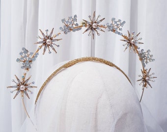 OPALE AUREOLA Headband Crown Crystal Tiara  weddings bridal headpiece hair accessories tall double ring halo celestial moon star sunburst