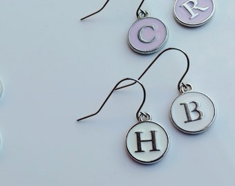 Personalised White Initial Earrings in Silver personalized circle drop letter accessories jewellery name gift stainless steel Earring hooks