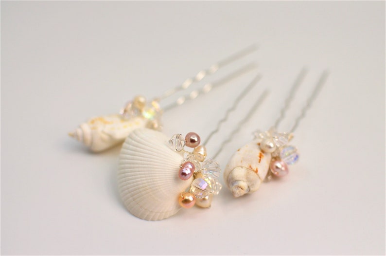 BoutiquebyBrendaLee A Set of 3 Seashells Hair U Pins Jeweled Pin bridal hair clips accessories beach wedding ocean themed mermaid sea shell image 2