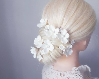 Ensemble d'épingles à cheveux ÉLÉGANTE en porcelaine, fleurs blanches, petite épingle à cheveux de mariage pour mariée, accessoires en argile, épingles à cheveux en céramique pour mariées