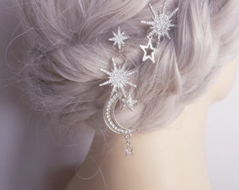 BoutiquebyBrendaLee SCINTILLEMENT set van 3 zilverkleurige haarspelden bruiloft bruids sterrenbeeld maanster hemelse haaraccessoires