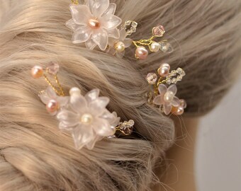 BoutiquebyBrendaLee A set of 3 Jeweled Flower Hair U Pins Pink Blush accessory bridal updo bride hair style bride hairstyling pearl crystal