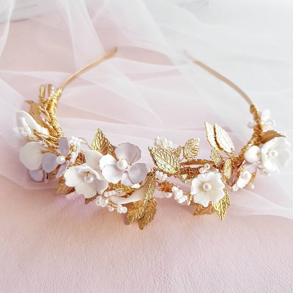 FLEURIT Headband wedding bridal headpiece flower leaves bride hair accessories gold white bead tiaras Australia headpieces FOTF millinery