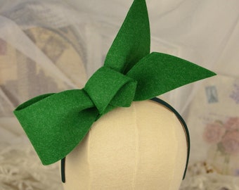 Green Felt Bow Fascinator Headband, Handmade Statement Headpiece