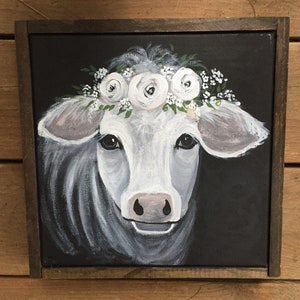 HandPainted Cow with Flowers • Acrylic Painting • Farmhouse Decor • Cow painting • Shabby Chic Decor • Rustic Barnwood Frame