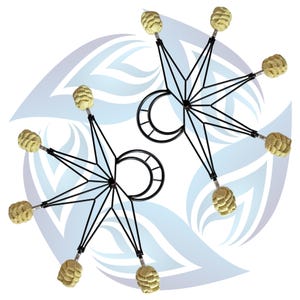 May include: Two black metal fire fans with star-shaped frames and crescent moon accents. Each fan has six wicks and a central handle. The wicks are a light tan color. The background has a light blue and white design.