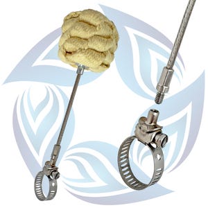May include: A fire poi head featuring a woven off-white Kevlar wick attached to a flexible steel cable. The cable connects to a metal hose clamp base via a threaded screw mechanism, allowing for easy assembly and secure attachment to a poi handle.