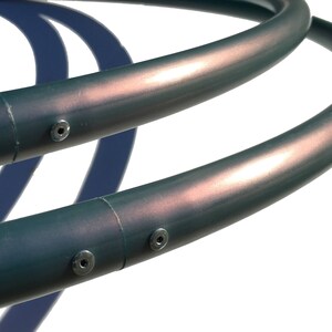 May include: Two dark green metal hoops with silver accents. The hoops are stacked on top of each other.