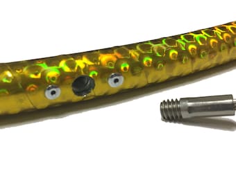 May include: A gold iridescent hoop with two silver screws and a silver threaded connector. The hoop is made of a flexible material and is designed for dance or exercise.