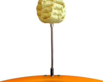 May include: A fire poi with a yellow, woven head attached to a silver cable. The cable is connected to an orange, curved handle. The poi is designed for fire performance and juggling.