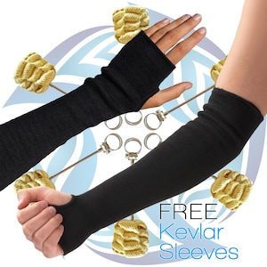 May include: A pair of black arm sleeves with thumb holes, designed for fire performance. The image features multiple fire props with yellow woven heads and metal connectors, accompanied by the text FREE Kevlar Sleeves in black and blue.