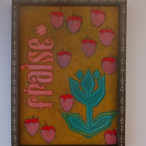 Fresas, amarillas y rosas, fresas rosas, arte de madera colorido, fresas sobre madera, arte de fresa, lienzo de madera, arte enmarcado